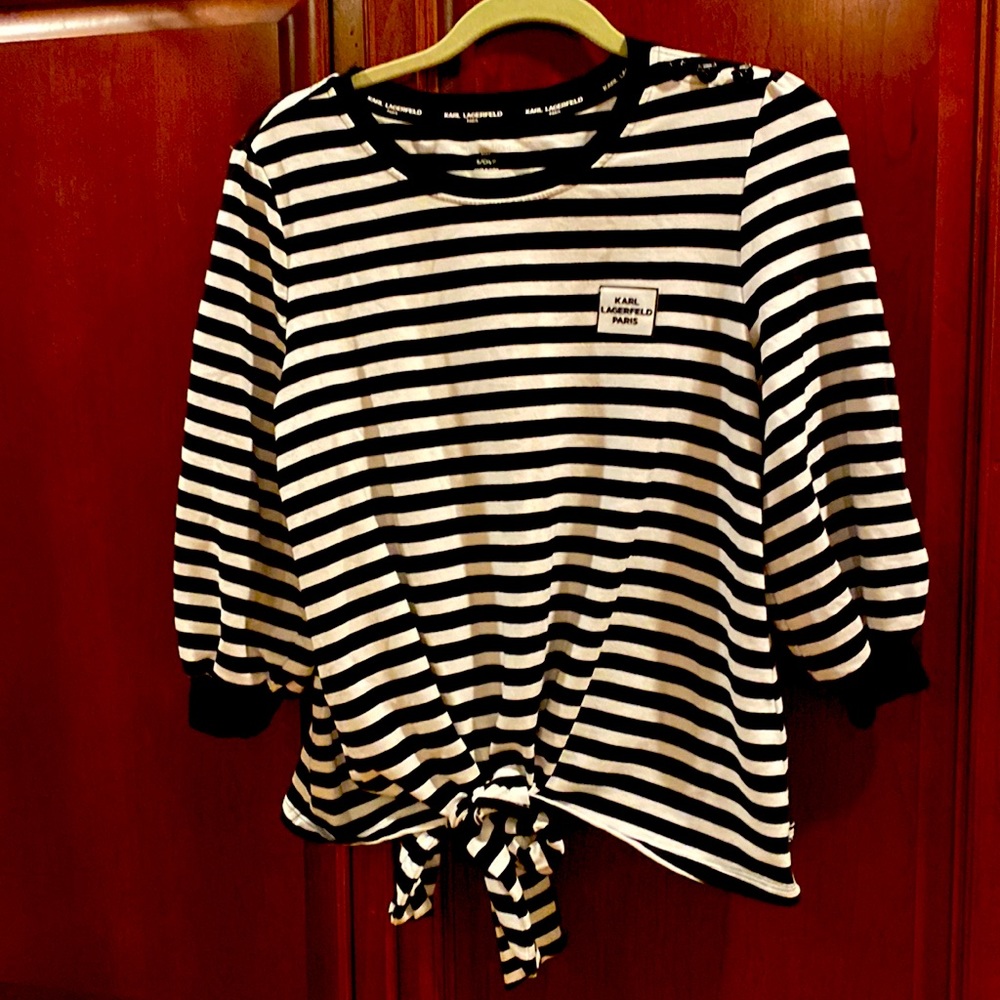 Karl Lagerfeld Striped Top Iconic Logo tie bottom 3/4 puffed sleeves cotton